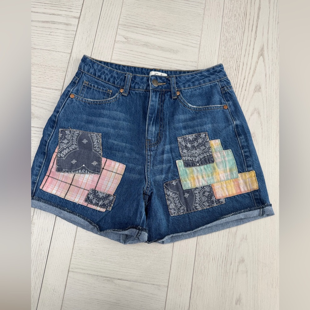 easel Blue Denim Patchwork High-Rise Shorts